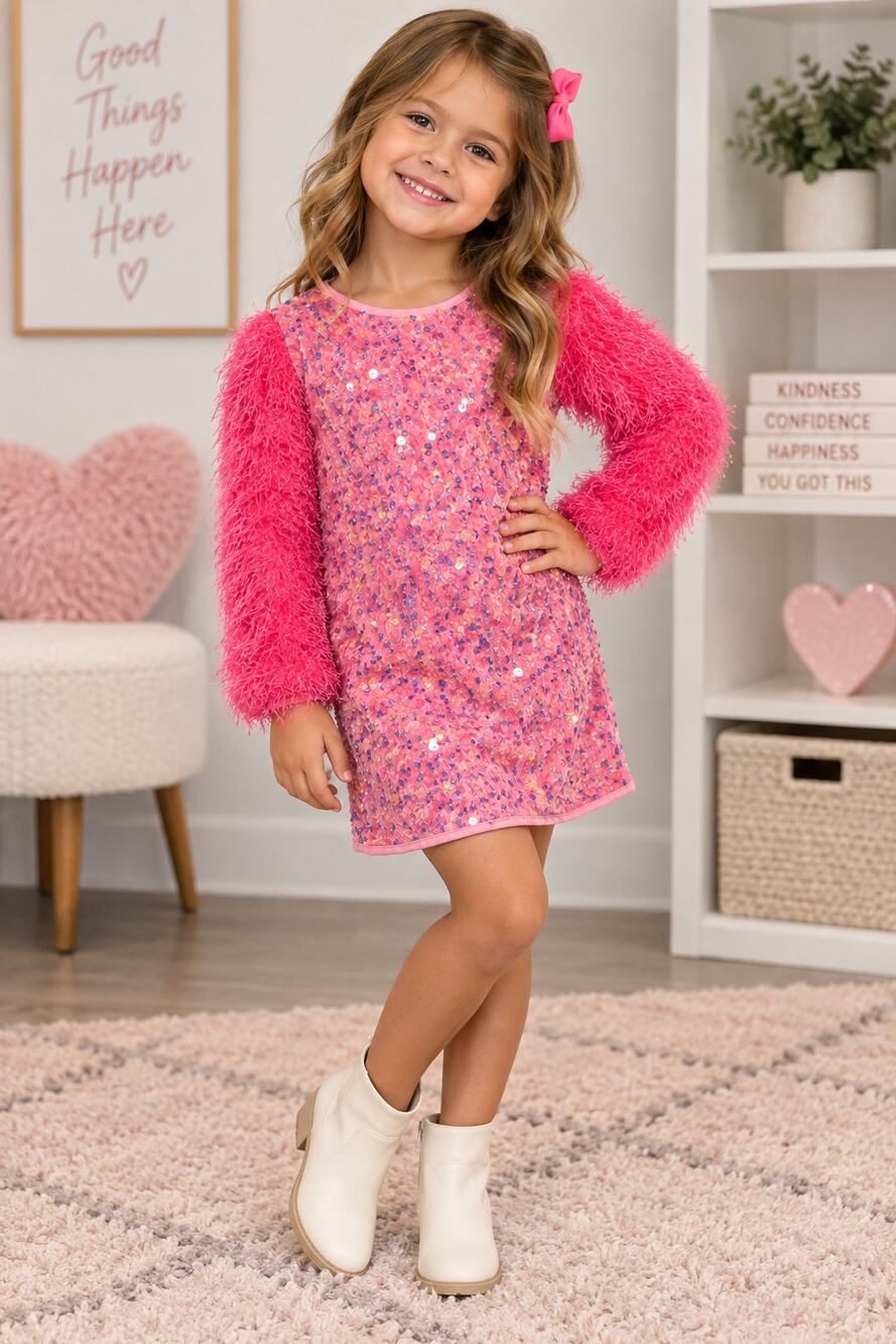 SHEIN Girls Pink Sequin Fuzzy Sleeve Party Dress | Size 4Y